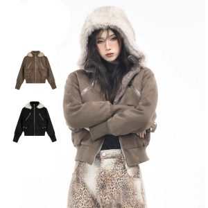 Retro Spicy Girl Slim-fit Stand-collar Hooded Jacket