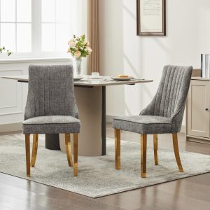 Rayon Cloth Flocking Chenille Dining Chairs Channel Kitchen Dinner Chair Comfy Fabric Upholstered Accent Chair For Dining Room With Golden Stainless Steel Plating Legs,Set Of 2 Gray, SW1647GY
