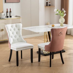 A&A Furniture,Nikki Collection Modern, High-end Tufted Solid Wood Contemporary PU And Velvet Upholstered Dining Chair With Wood Legs Nailhead Trim  2-Pcs Set, White PU Pink Velvet, SW2101WK