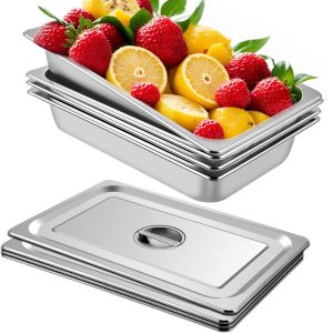 4 Pack Steam Table Pans 20.9 X 12.8 X 3.9 Inch Deep Steam Table Pan Full Size 13L Deep Food Container Stainless Steel Oven Tray Hotel Pans Anti-Jam Steam Table Food Pan