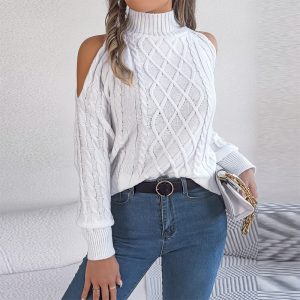 Women's Solid Color Off-Shoulder Cable Knit Sweater, High Neck Long Sleeve Pullover For Spring And Fall