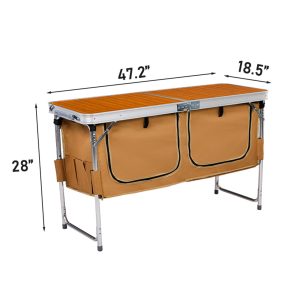 Outdoor Folding Camping Table With Storage Compartment, 4ft Portable Pinic Table With 3 Adjustable Height, Carry Handle For Outdoor Indoor Hiking Camp BBQ Beach, Wooden Pattern