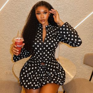 Waist-tied Polka Dot Pleated Long-sleeve Cardigan Zip-up Top And Skirt Two-piece Set