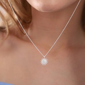 925 Sterling Silver Sun Pendant Necklace With White Zircon Stone