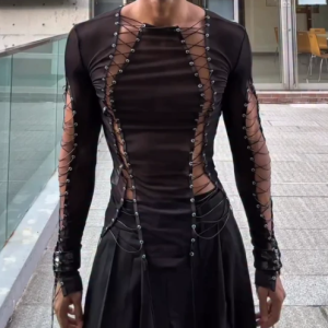 Men's Fashion Black Transparent Lace-up Mesh Top