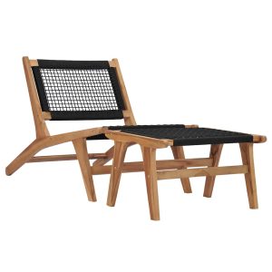 sun lounger with footrest, solid teak wood and rope