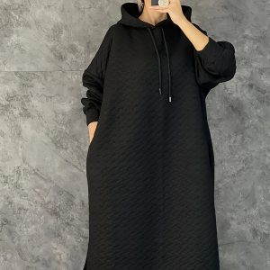 Women's Casual Hooded Long Sleeve Sweatshirt Dress With Pockets