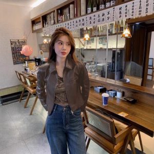 Women's Leather Top Lapel Short Fashion