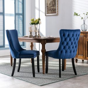 A&A Furniture,Upholstered Wing-Back Dining Chair With Backstitching Nailhead Trim And Solid Wood Legs,Set Of 2, Blue,SW8809BL, KD