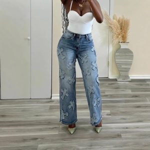 Vintage Washed Denim Fringe Cross Patch Straight Women's Jeans