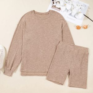 Dark Khaki Ribbed Lantern Sleeve Sweater And Motorcycle Knit Shorts Set