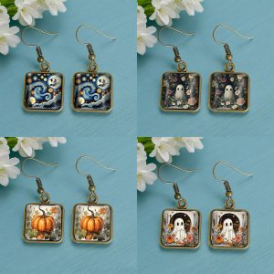 Vintage Bronze Crow Moon Crystal Glass Square Earrings