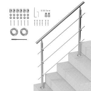 Handrails For Outdoor Steps, 47.2in Length 3 Crossbars Stair Hand Rail Kit, Transitional Stainless Steel Railings W  Installation Kit, Double-column Staircase Handrails For Seniors,Porch & Deck