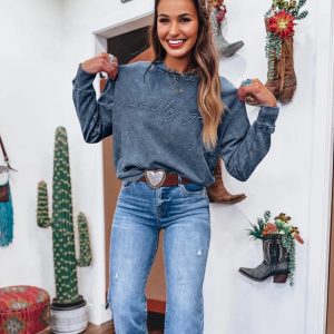 Real Teal Saved By Grace Letter Embroidery Mineral Wash Loose Sweatshirt