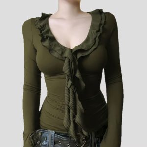 Women's Vintage Ruffled Tight Long-sleeved Sweater