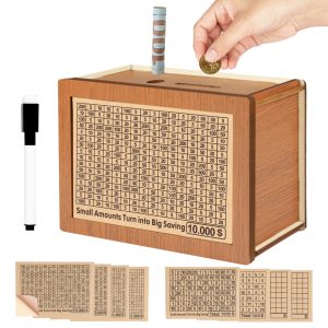 Nepfaivy Money Saving Box 10,000-10000 Savings Challenge Box, Money Box For Cash Save, Cash Vault Wooden Saver Box, Caja De Ahorro 10k, Cashbox With Counting Target, Adults Kids Gifts For Christmas