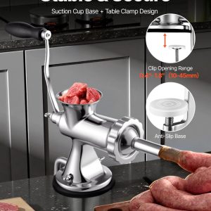 Manual Meat Grinder, 304 Stainless Steel Manual Meat Grinder With Suction Cup Table Clamp, Meat Grinder Sausage Maker With 2 Cutting Discs, Sausage Tubes, Suitable For Grinding Beef, Pepper, And Cooki