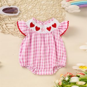 Baby Girl's Short Sleeve Checkered Romper Heart Embroidery & Ruffle Detail With Back Cut-Out And Snap Closure