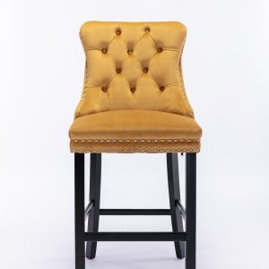 Contemporary Velvet Upholstered Barstools With Button Tufted Decoration And Wooden Legs, And Chrome Nailhead Trim, Leisure Style Bar Chairs,Bar Stools, Set Of 2 Golden,SW2002GL