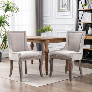 AA Furniture  Ultra Side Dining Chair  Thickened Fabric Chairs With Neutrally Toned Solid Wood Legs Bronze Nail Head  Set Of 2 Beige