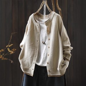 Women's Cardigan Sweater Coat Color Block Cotton Thread Knitting Retro Casual