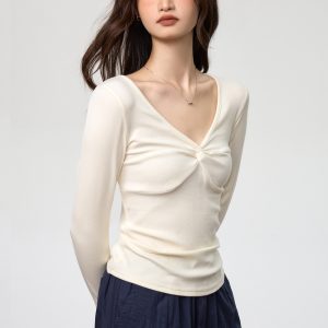 Women's Elegant Deep V-neck Knot Long Sleeve Top