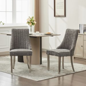 Rayon Cloth Flocking Chenille Dining Chairs Channel Kitchen Dinner Chair Comfy Fabric Upholstered Accent Chair For Dining Room With Silver Brushed Stainless Steel Legs,Set Of 2 Gray, SW1747GY