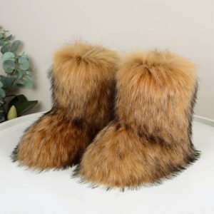 European And American Imitation Raccoon Fur Winter Warm Mid-calf Women's Shoes