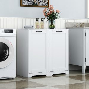 Laundry Cabinet With Doors And Shelf, Tilt-Out Laundry Hamper, Freestanding Style,  Adjustable Shelf, White