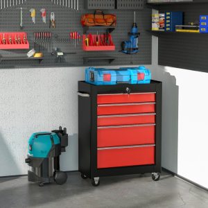 HOMCOM 5-Drawer Tool Chest, Lockable Steel Tool Storage Cabinet With Wheels And Handle Tool Box For Garage, Workshop, Red