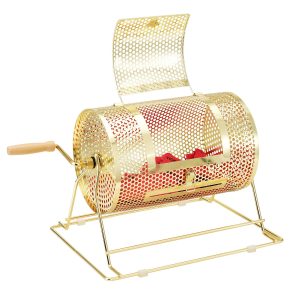 Raffle Drum, 11.6 X Ø7.48 Inch Brass Plated Raffle Ticket Spinning Cage, Holds 2500 Tickets Or 100 Ping Pong Balls, Metal Lottery Spinning Drawing With Wooden Turning Handle, For Bingo Ballot Pa