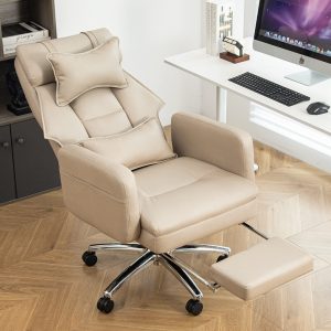 Swivel Ergonomic Office Chair, Technology Leather  High Back Office Chair With Lumbar Support Headrest, Sedentary Comfortable Boss Chair, 155 Reclining Computer Chair Color  Beige