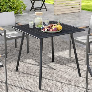 Outsunny Square Garden Table With Slat Top, Steel Frame, Outdoor Table For 4 Person, 80 X 80 X 74 Cm, Black