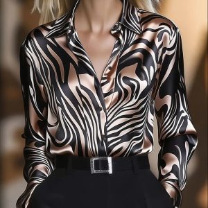 Women's Abstract Print Button Down Shirt, V-Neck Collared Blouse, Dressy Casual Long Sleeve Tops