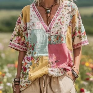 Retro Color-blocked Casual V-neck Mid-sleeve Top