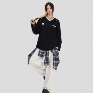 V-neck Tie Butterfly Long Sleeve Loose Sports Jersey Style T-shirt