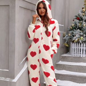Polyester Women's Autumn And Winter Plush Heart Printing One-piece Pajamas