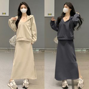 Loose Hooded Sweatshirt Set Women Sexy Knitted Halter Two-piece