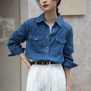 Retro Denim Shirt Niche Layering Blue Long Sleeve Top