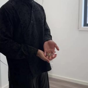 Black Jacquard Mandarin Collar Top With Asymmetric Button Placket