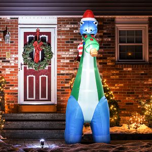 Long Christmas Inflatables Outdoor Decorations Dinosaur with Christmas Tree in Mouth