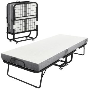 Folding Bed with Mattress for Adults, Single Size, Portable Foldable Bed with Memory Foam Mattress & Steel Frame, White