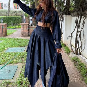 Chic Long-sleeved Cropped Jacket & Irregular Hem Denim Skirt Set