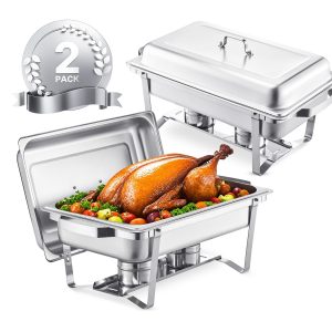 Chafing Dish Buffet Set, 8 Qt 2 Pack, Stainless Steel Chafer With 2 Full Size Pans, Rectangle Catering Warmer Server With Lid Water Pan Stand Fuel Holder, For Weddings Parties Banquets, Silver