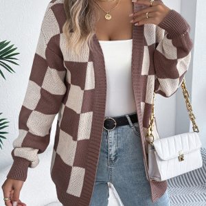 Color Block Plaid Lantern Sleeve Cardigan Sweater Mid-Length Coat