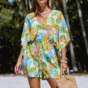 Casual New V-neck Printed Tie-waist Jumpsuit