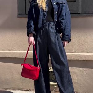 Dark Denim Oversized Jacket And Wide-Leg Pant Set
