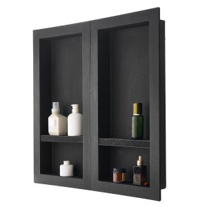 Shower Niche, 40.6 X 81.3 Cm + 40.6 X 81.3 Cm Recessed Wall Niche With Movable Shelf, 10.2 Cm Thick Modern Soap & Shampoo Storage Organizer,Square Corners,Sealed Waterproof, Black For Bathroom