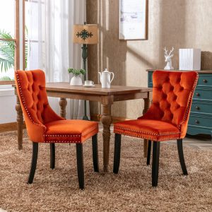 Nikki Modern, High-end Tufted Solid Wood Contemporary Velvet Upholstered Dining Chair With Wood Legs Nailhead Trim 2-Pcs Set, Orange, SW2001OG