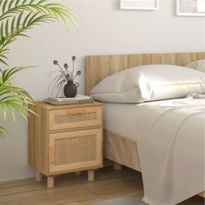 bedside table, solid pine wood and natural rattan